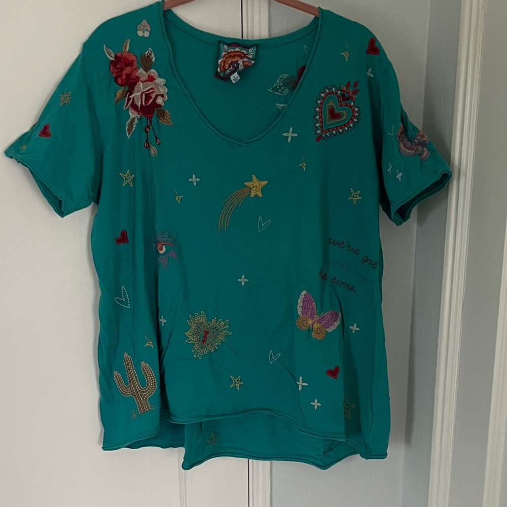 Johnny Was Turquoise Embroidered Short Sleeve Top